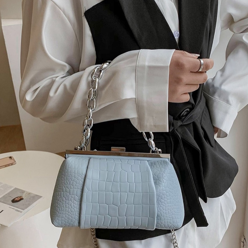 Baby Powder Blue Faux Croc Embossed Handbag Satchel Purse Silver Chain